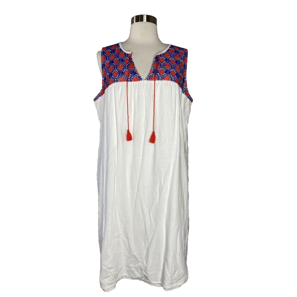 Old Navy Dress Women Size Large White Red‎ Blue Patriotic Linen Blend Sleeveless